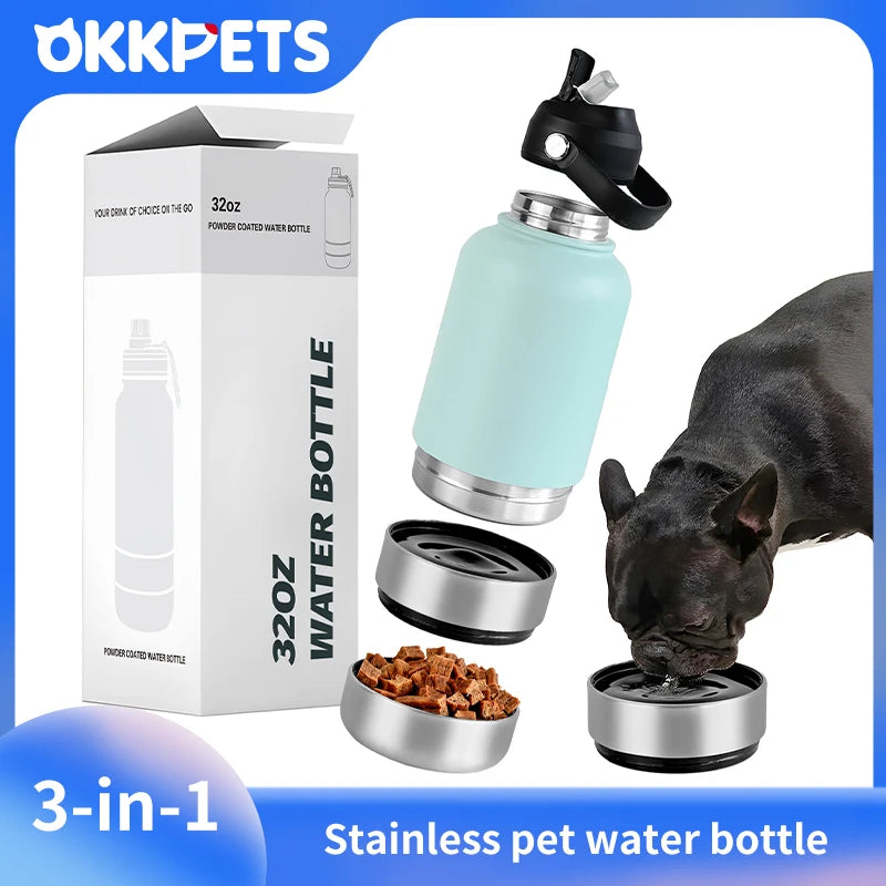 32Oz Portable 3 in 1 Pet Water Bottle Stainless Steel Pet Feeder Travel Outdoor 34Oz Multifunc Pet Bowl Dog Food Cup