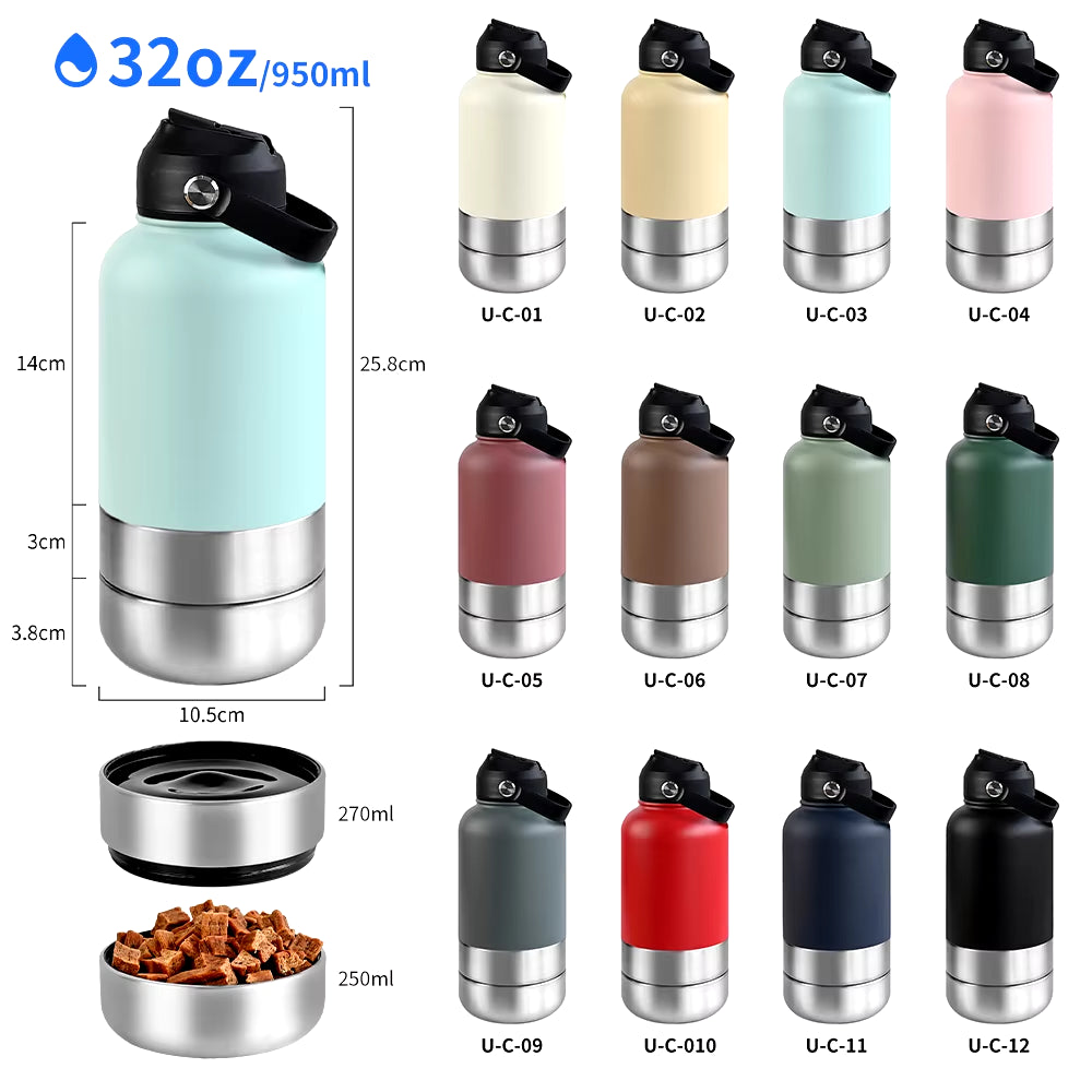 32Oz Portable 3 in 1 Pet Water Bottle Stainless Steel Pet Feeder Travel Outdoor 34Oz Multifunc Pet Bowl Dog Food Cup