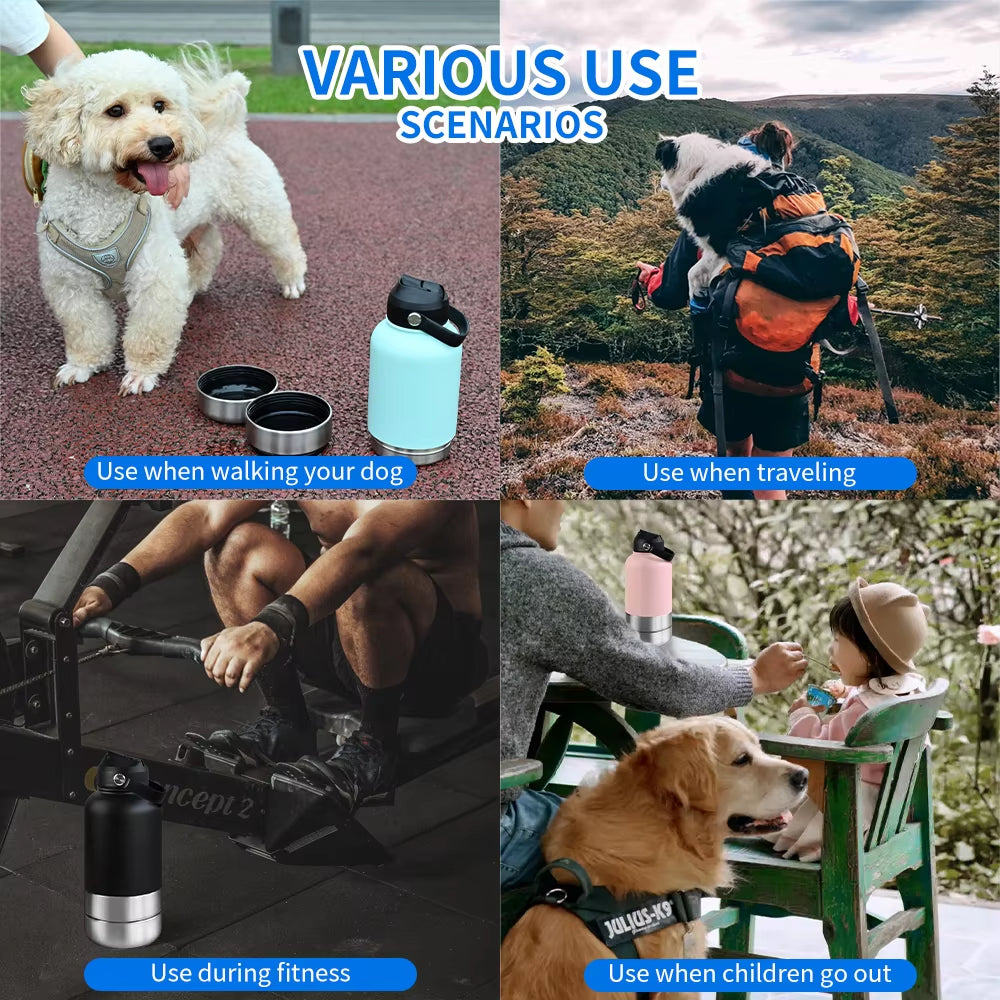 32Oz Portable 3 in 1 Pet Water Bottle Stainless Steel Pet Feeder Travel Outdoor 34Oz Multifunc Pet Bowl Dog Food Cup