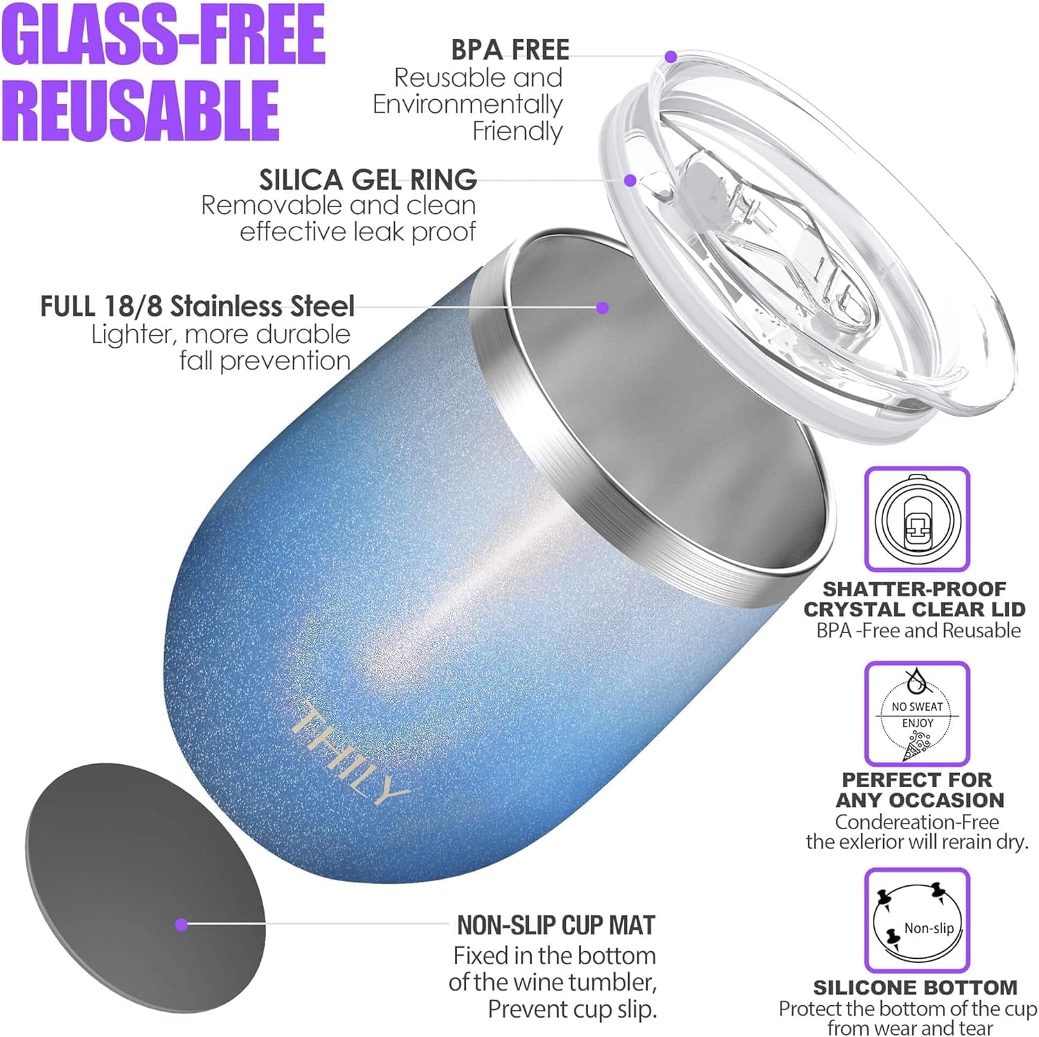 12Oz Stainless Steel Wine Tumbler - Vacuum Insulated Stemless Wine Glass with Sliding Lid and Reusable Straw, Keeps Drinks Hot & Cold, Perfect for Coffee, Cocktails, Glitter Blue Sky