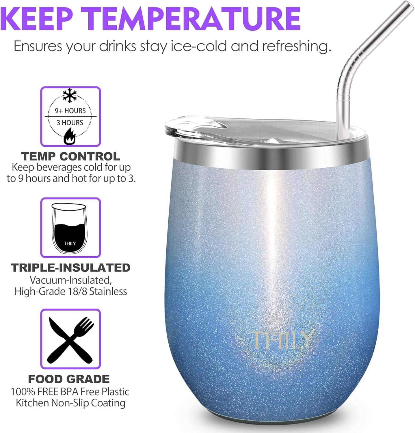 12Oz Stainless Steel Wine Tumbler - Vacuum Insulated Stemless Wine Glass with Sliding Lid and Reusable Straw, Keeps Drinks Hot & Cold, Perfect for Coffee, Cocktails, Glitter Blue Sky