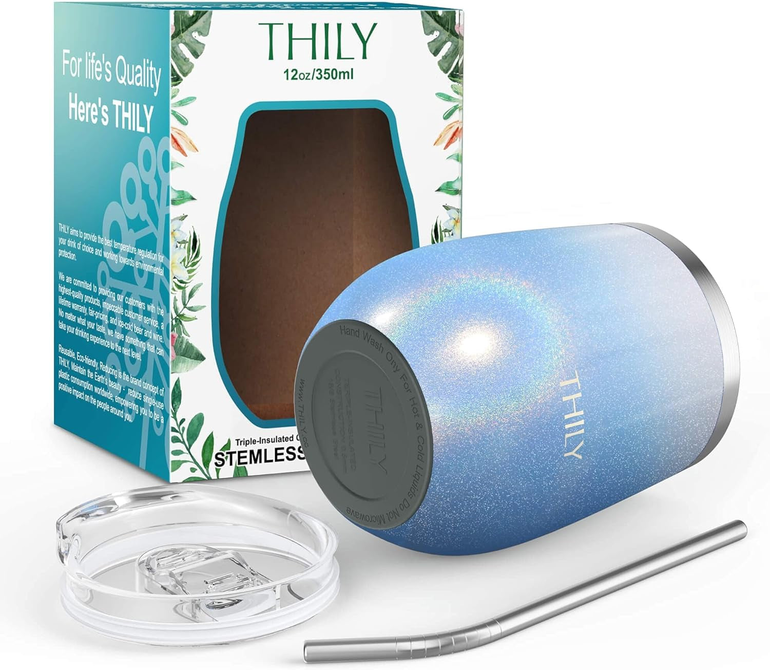 12Oz Stainless Steel Wine Tumbler - Vacuum Insulated Stemless Wine Glass with Sliding Lid and Reusable Straw, Keeps Drinks Hot & Cold, Perfect for Coffee, Cocktails, Glitter Blue Sky