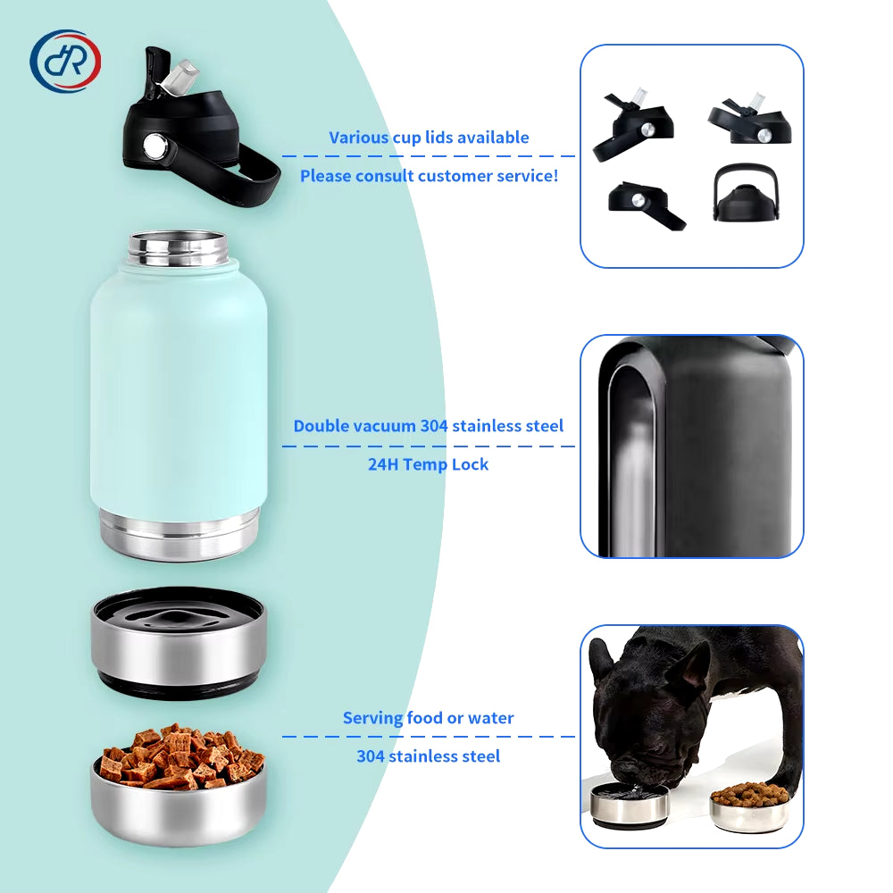32Oz Portable 3 in 1 Pet Water Bottle Stainless Steel Pet Feeder Travel Outdoor 34Oz Multifunc Pet Bowl Dog Food Cup