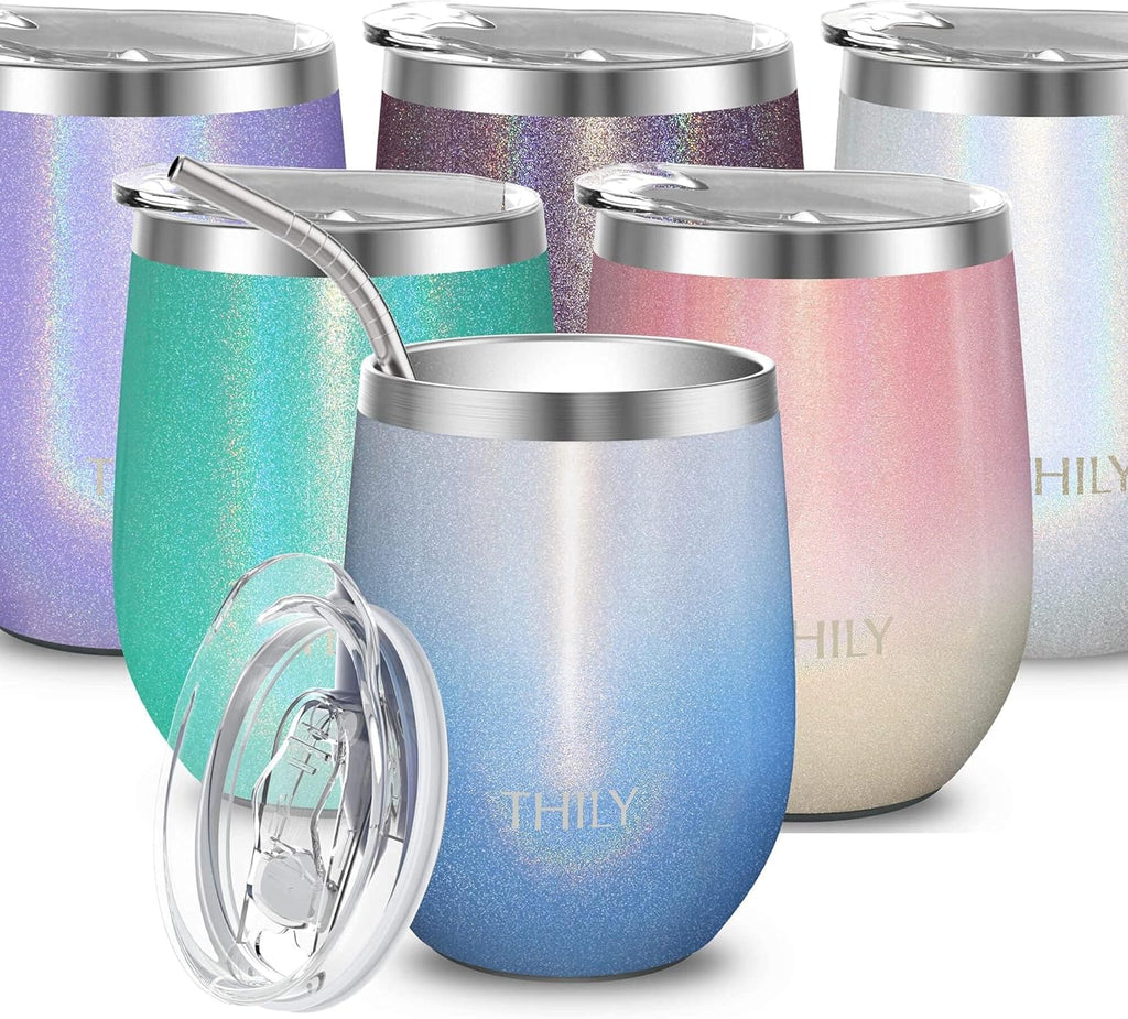 12Oz Stainless Steel Wine Tumbler - Vacuum Insulated Stemless Wine Glass with Sliding Lid and Reusable Straw, Keeps Drinks Hot & Cold, Perfect for Coffee, Cocktails, Glitter Blue Sky